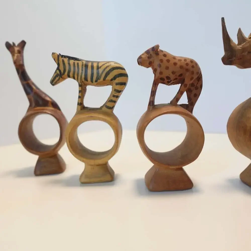Vintage Hand Carved African Safari Animal Wooden Napkin Rings Set of 6
